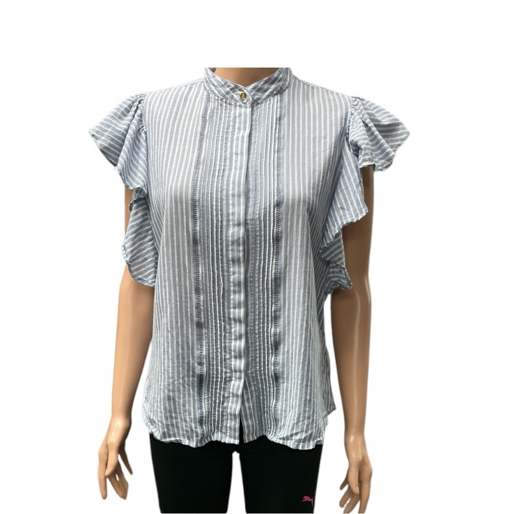 Lauren Ralph Lauren - EC - Blue  Flutter Sleeve Blouse with Mandarin Collar